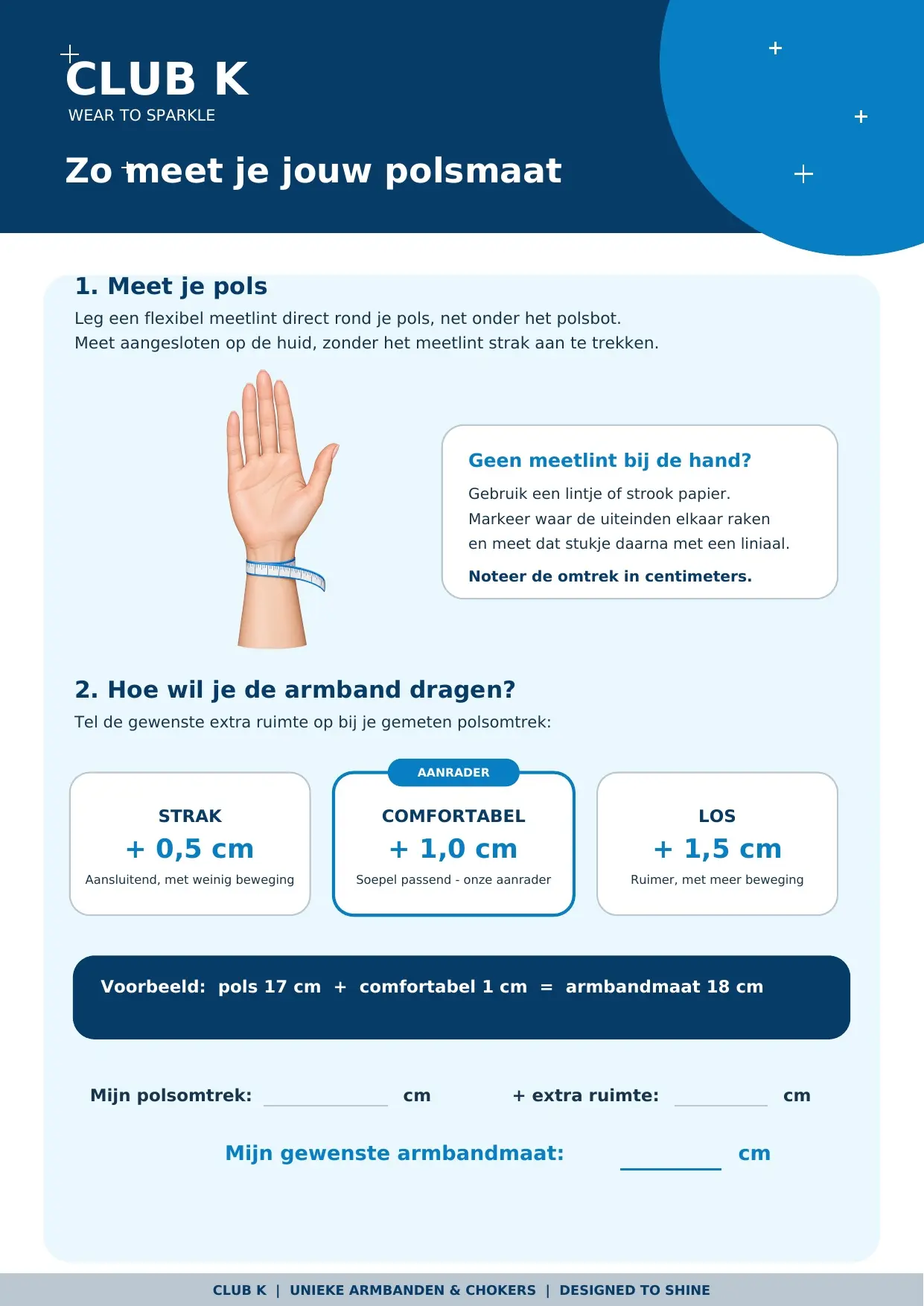 Uitleg van ClubK voor het meten van je polsomtrek en het kiezen van de juiste armbandmaat